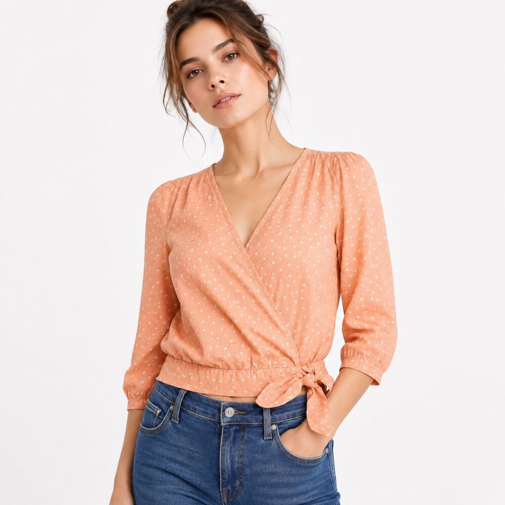 Madewell Star Peach Coral Cotton Wrap Button Tie Waist Cottage Top Blouse XXS